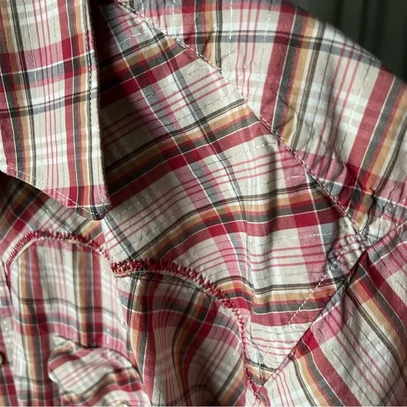 Wrangler Mens Short Sleeve Snap Close Red/white/orange/silver Plaid Shirt Sz XL - Picture 10 of 16